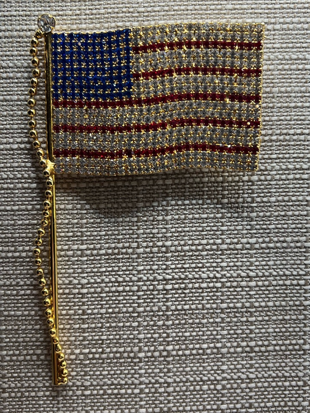 Crystal American Flag Brooch Pin in Gold, Red, White & Blue